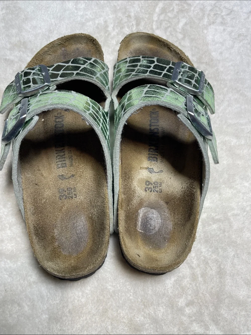 Birkenstock Arizona Green Croc-Embossed Double Strap Sandals Size 39
